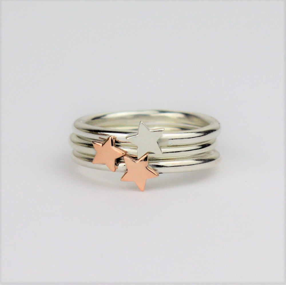 Silver and gold mixed metal Luna star stacking ring set