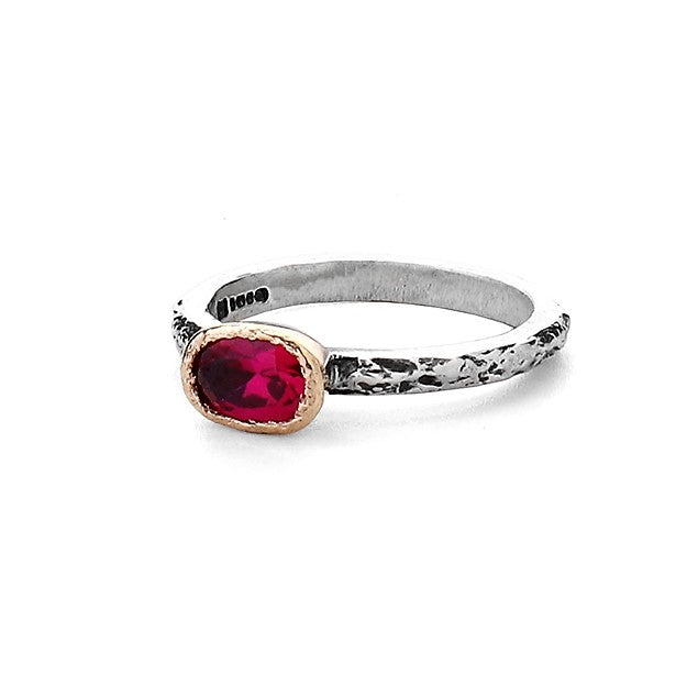 Oval Pink Tourmaline Oxidized silver and gold Textured Ring