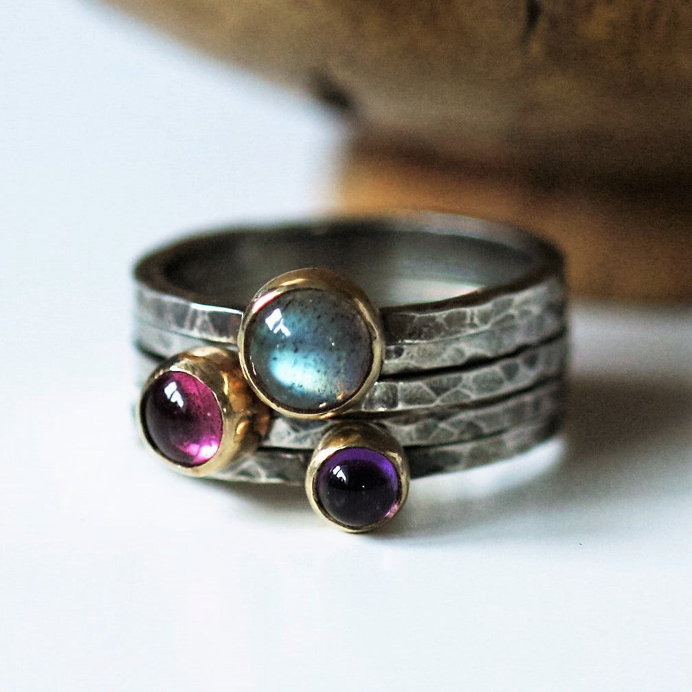 pink tourmaline, labradorite and amethyst silver and gold blossom stacking rings