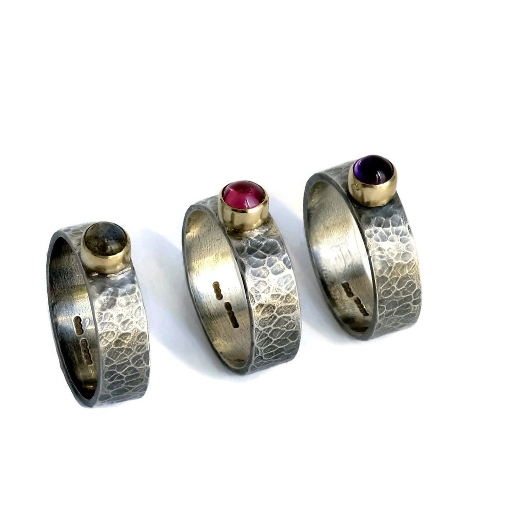 Mixed metal silver & gold gemstone wide textured rings