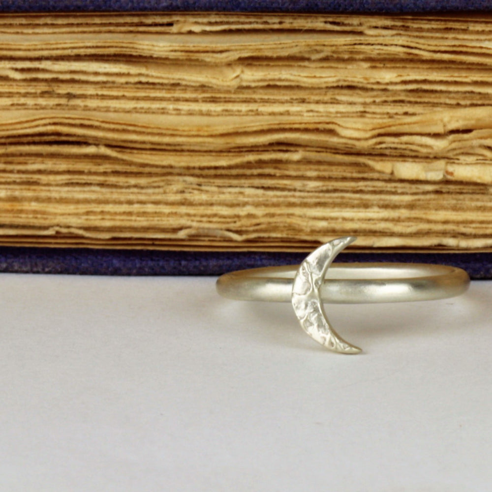 Luna silver textured stackable moon ring