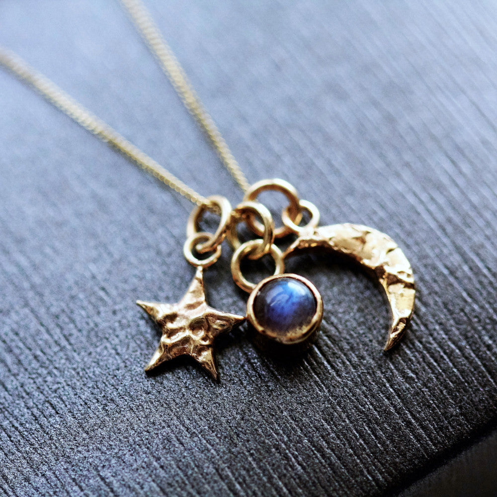 Solid gold star, Labradorite and Moon charm necklace