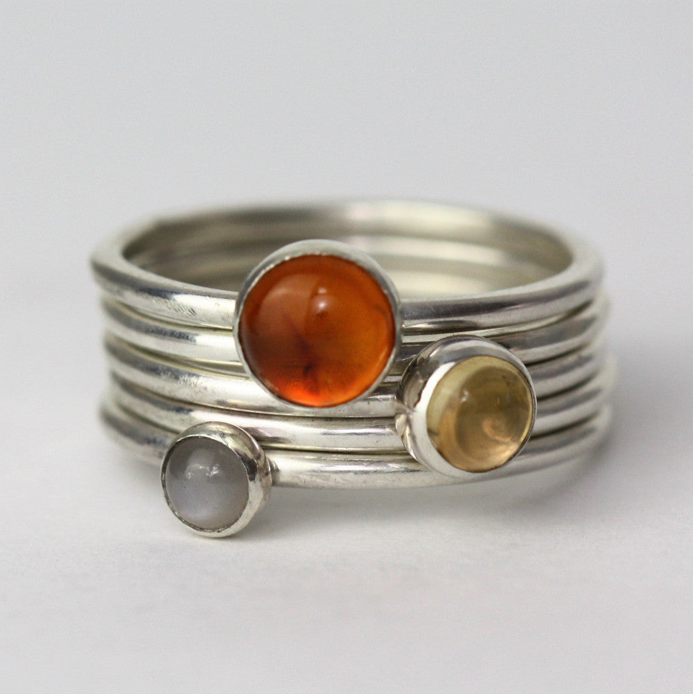 Sunrise Amber, Citrine and Grey Moonstone Stacking rings