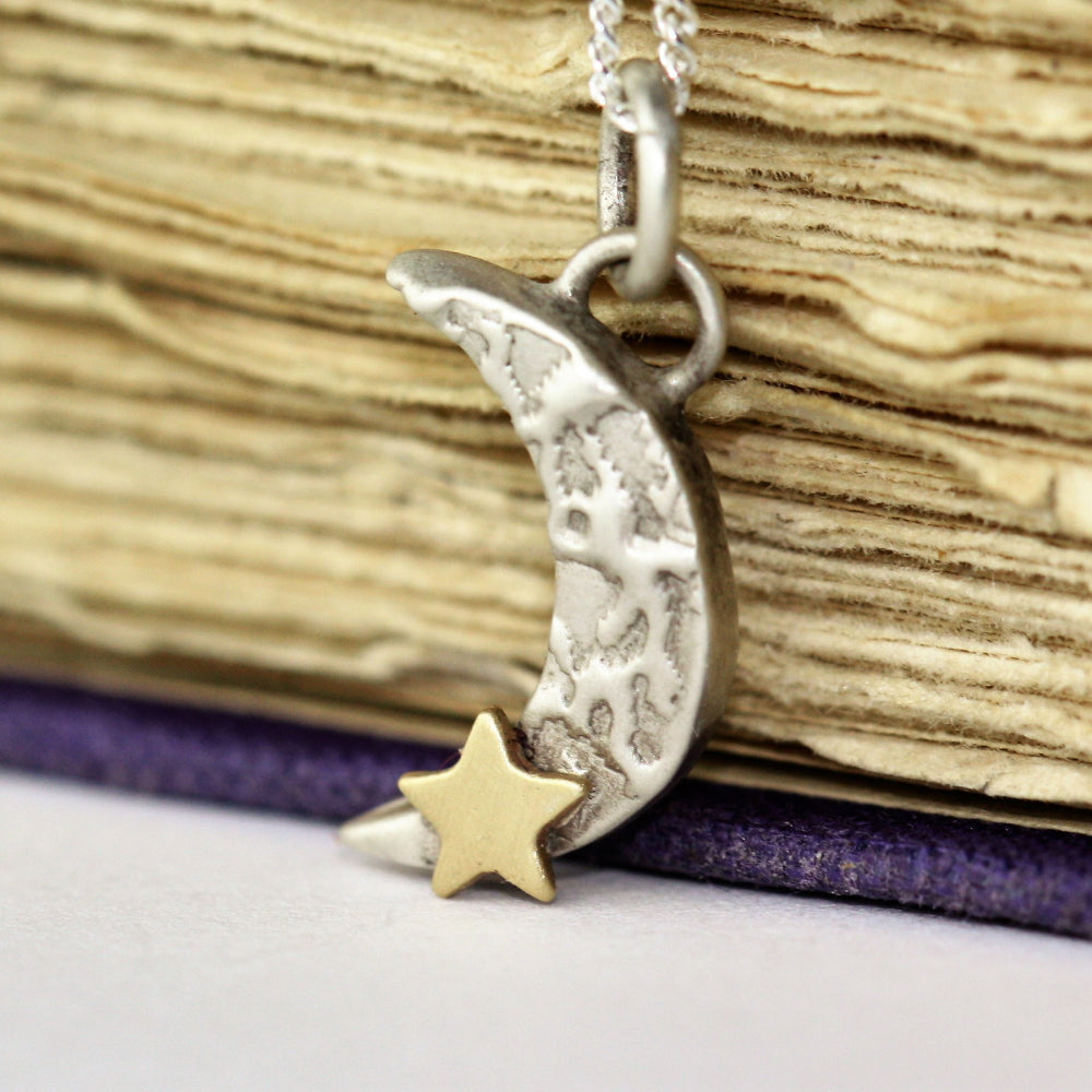 Texture handmade moon necklace and 9ct gold star
