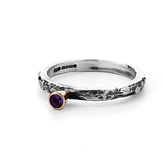 Silver and Gold Amethyst Textured Ring Band 
