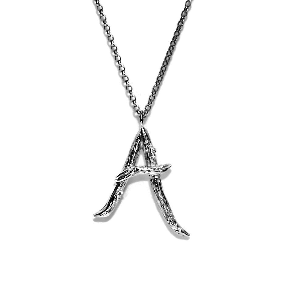  letter A twig initial long silver chain monogram necklace