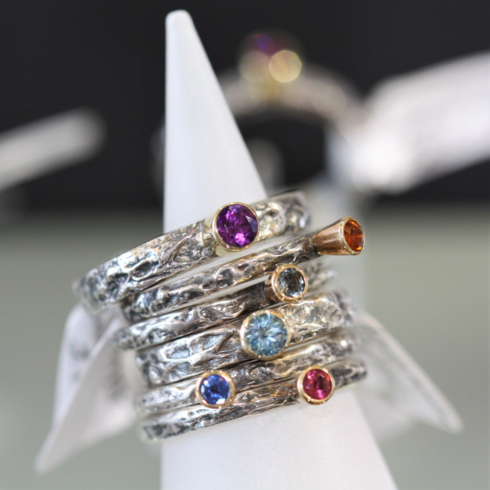 handmade gemstone stacking rings, silver and gold textured rings  