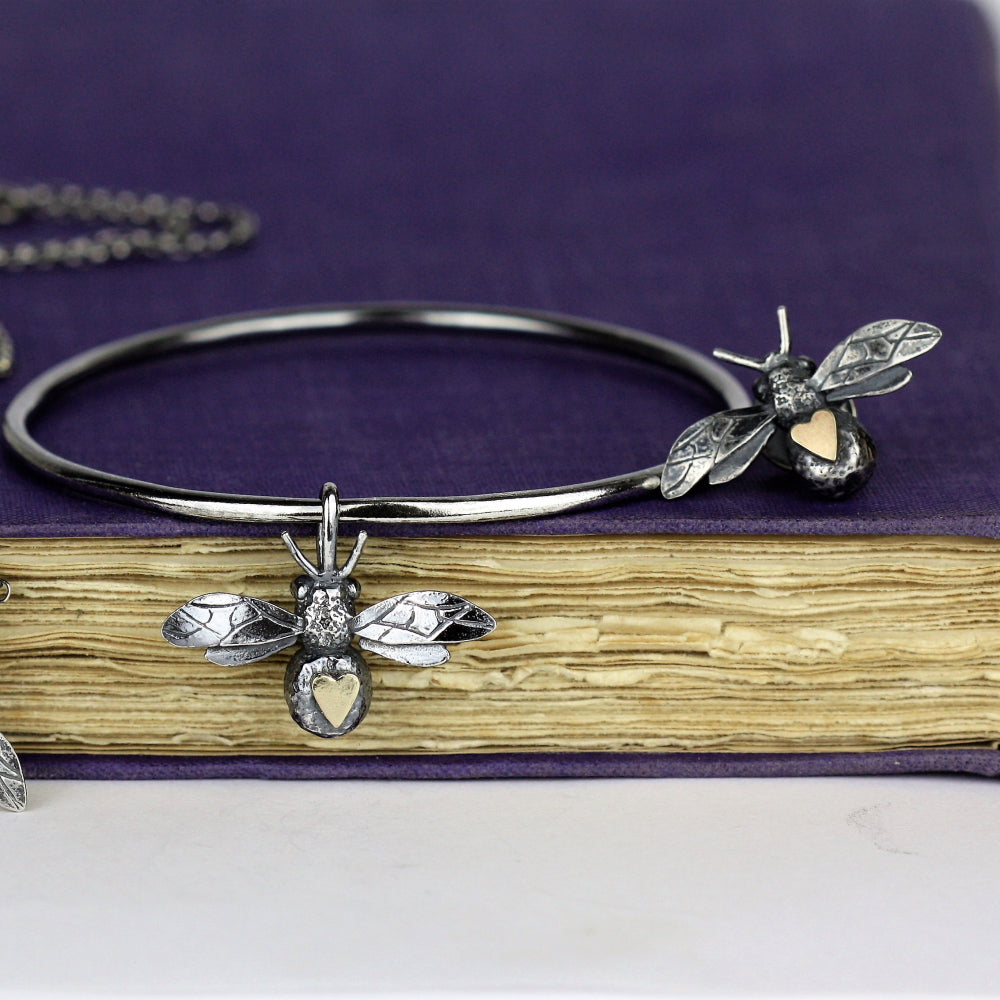 gold heart and silver bee brooch pin and bangle