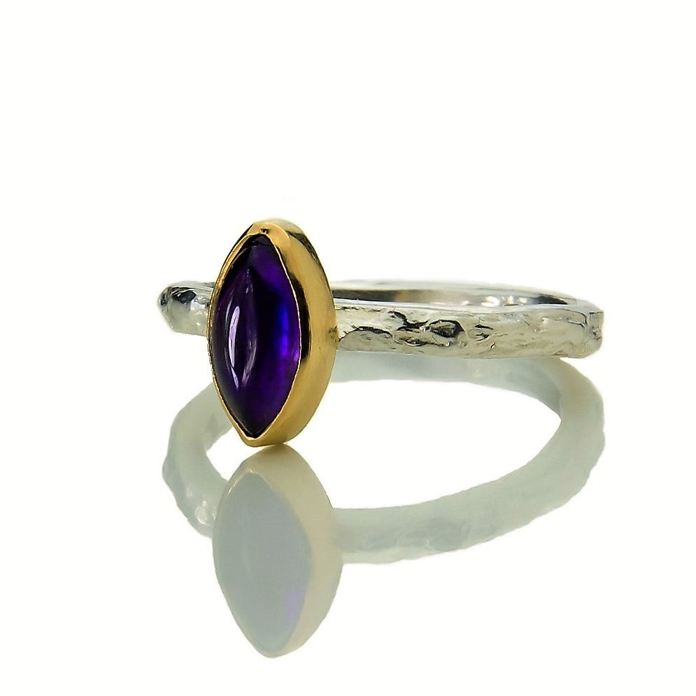 Marquise Amethyst Set in 9ct Gold on a Silver textured Treasure Ring