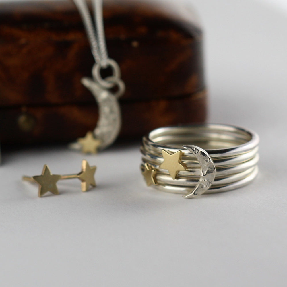 Handmade Gold star and silver moon stack ring