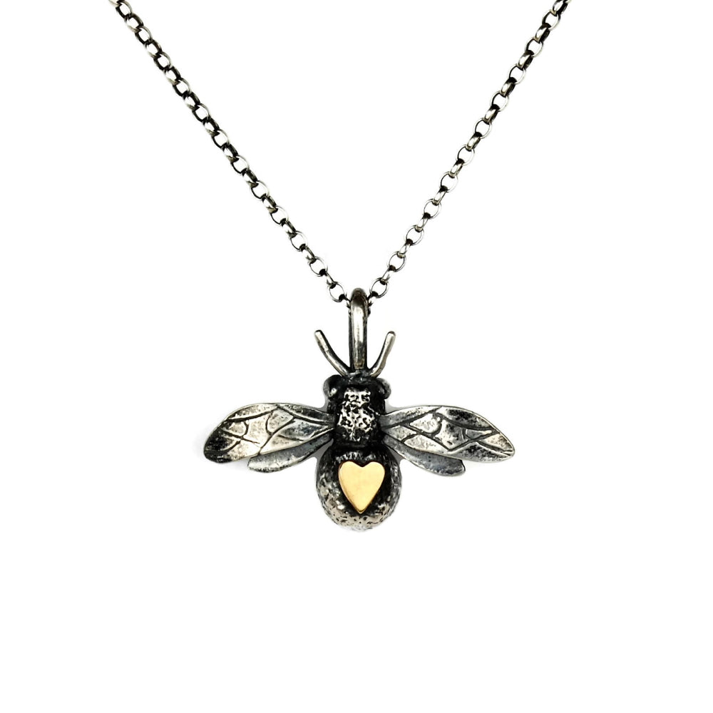 9ct gold heart and oxidized silver bee necklace