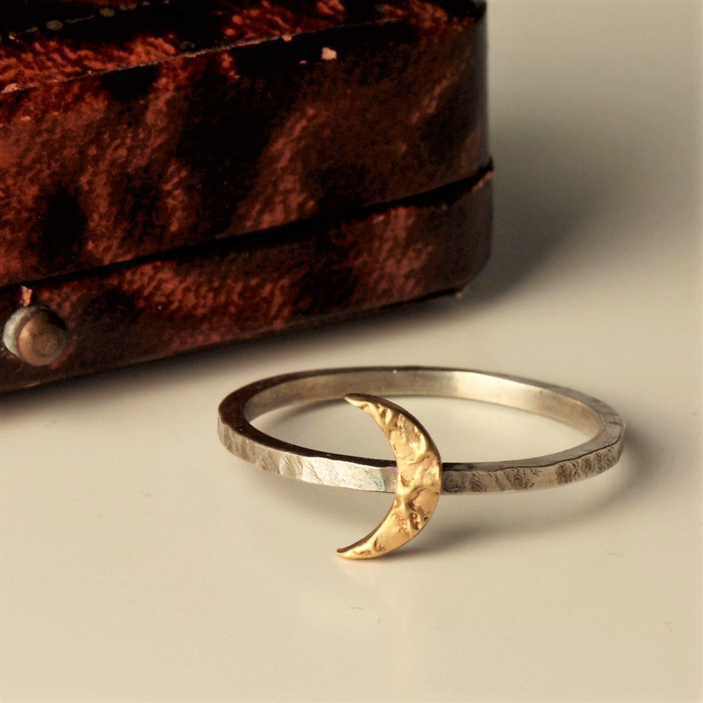 rustic gold moon and silver handmade ring