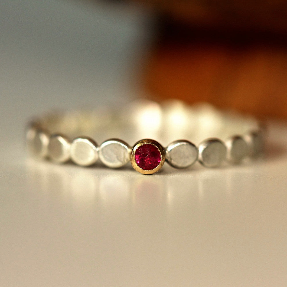 Ruby Birthstone July silver and gold pebble ring