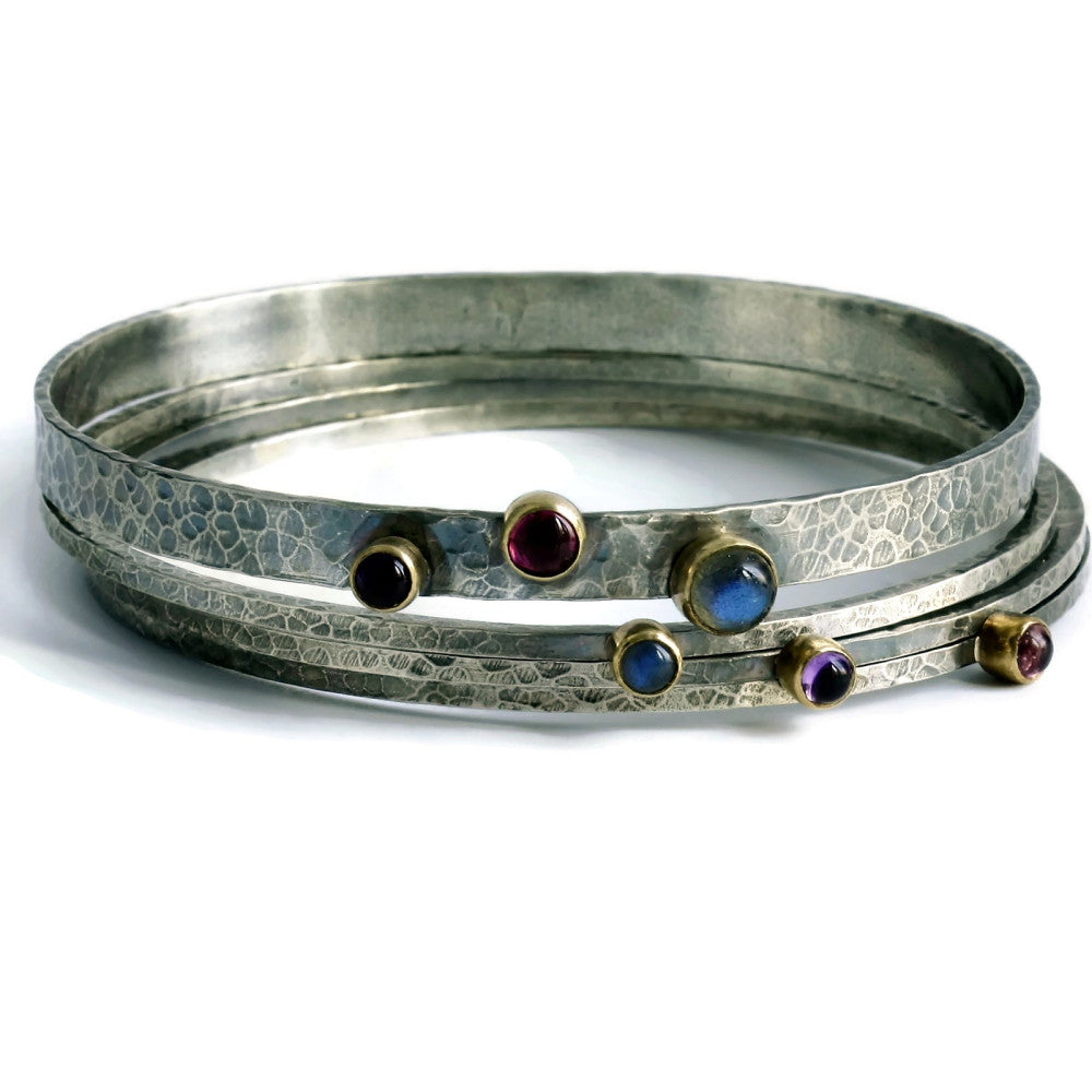 handmade designer rustic gemstone mixed metals silver and gold bangles