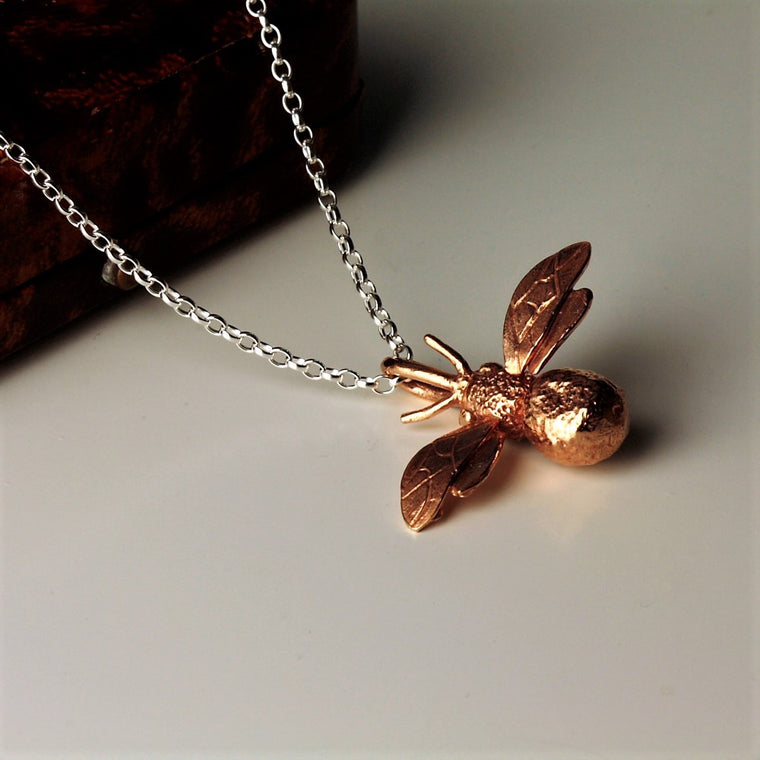 handmade rose gold and silver bumble bee necklace