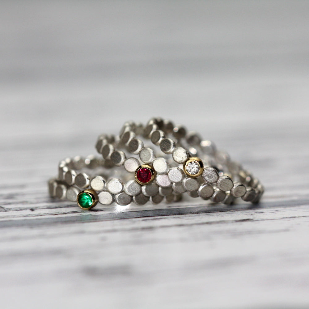 Ruby, Diamond and Emerald silver & gold pebble stacking rings 