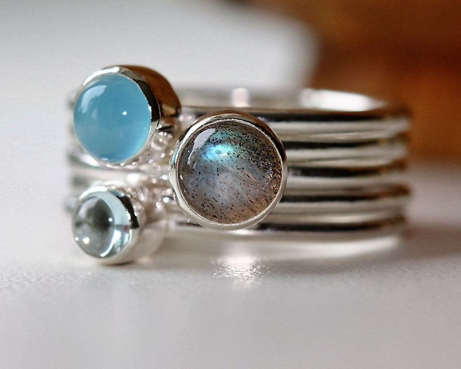 Sea Breeze blue gemstone silver stacking ring Aquamarine Labradorite and blue chalcedony