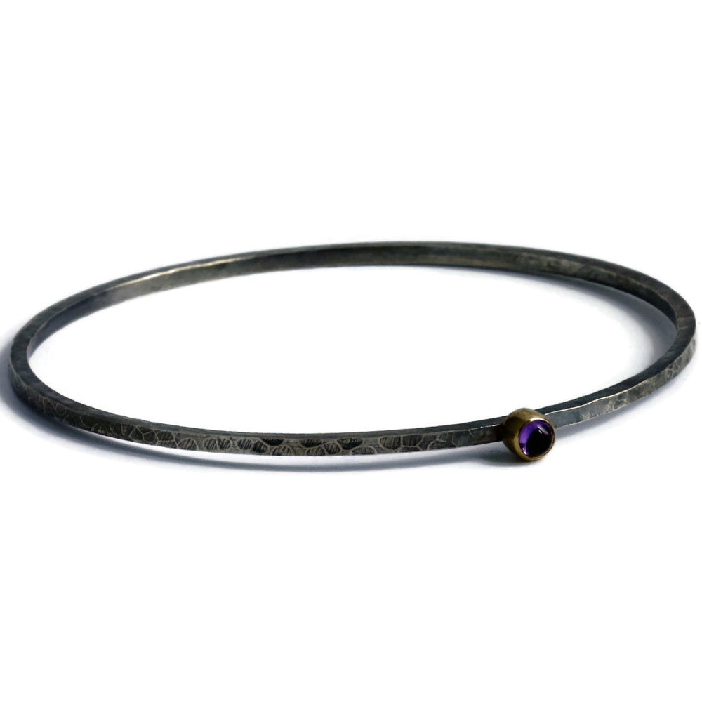 mixed metals of silver and gold rustic hammered amethyst bangle