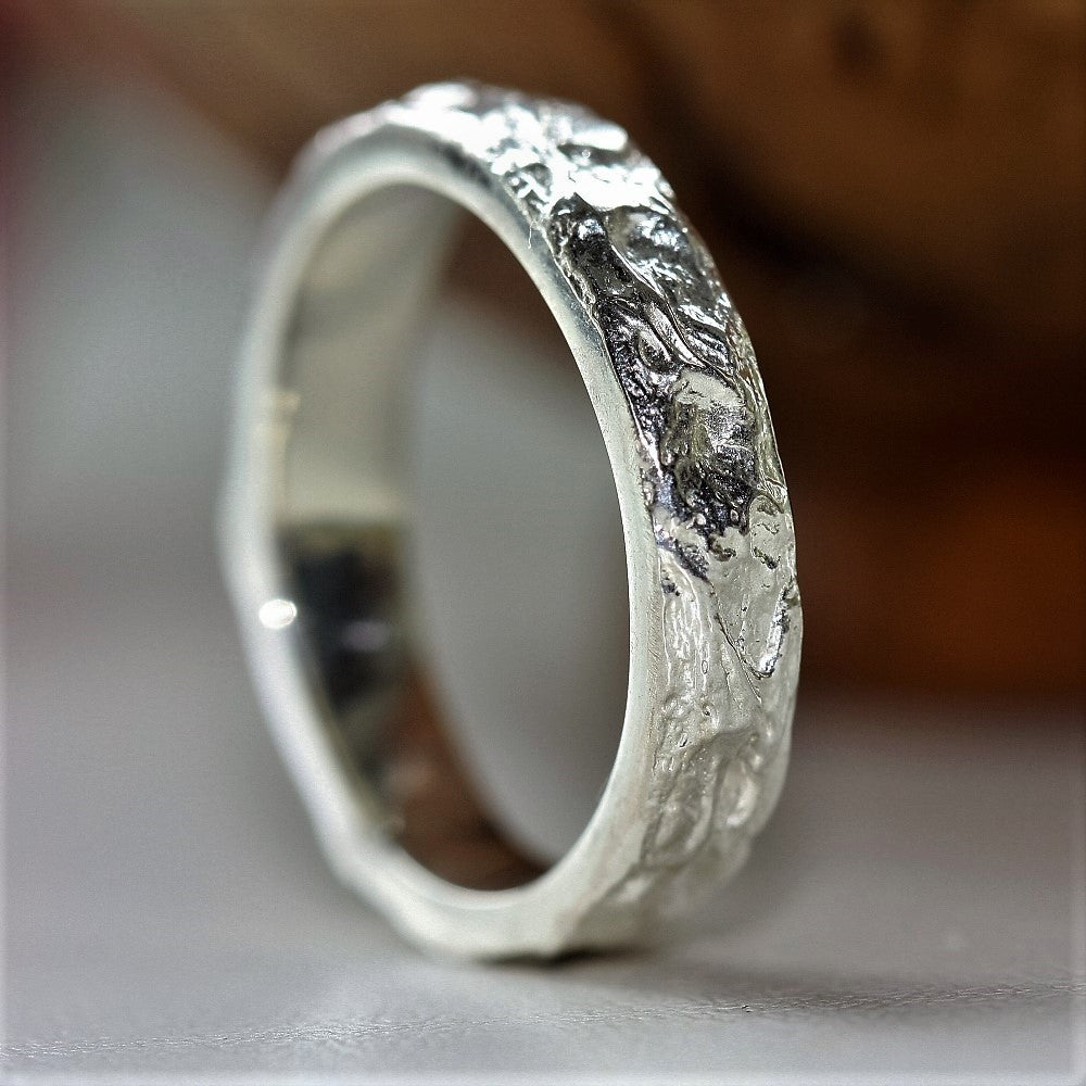 Sterling silver handmade textured unique wedding ring band