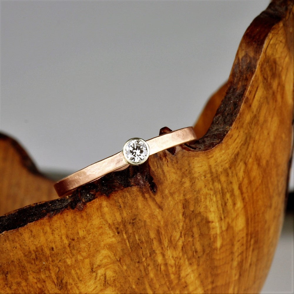 White solitaire diamond in mix rustic 9ct gold 