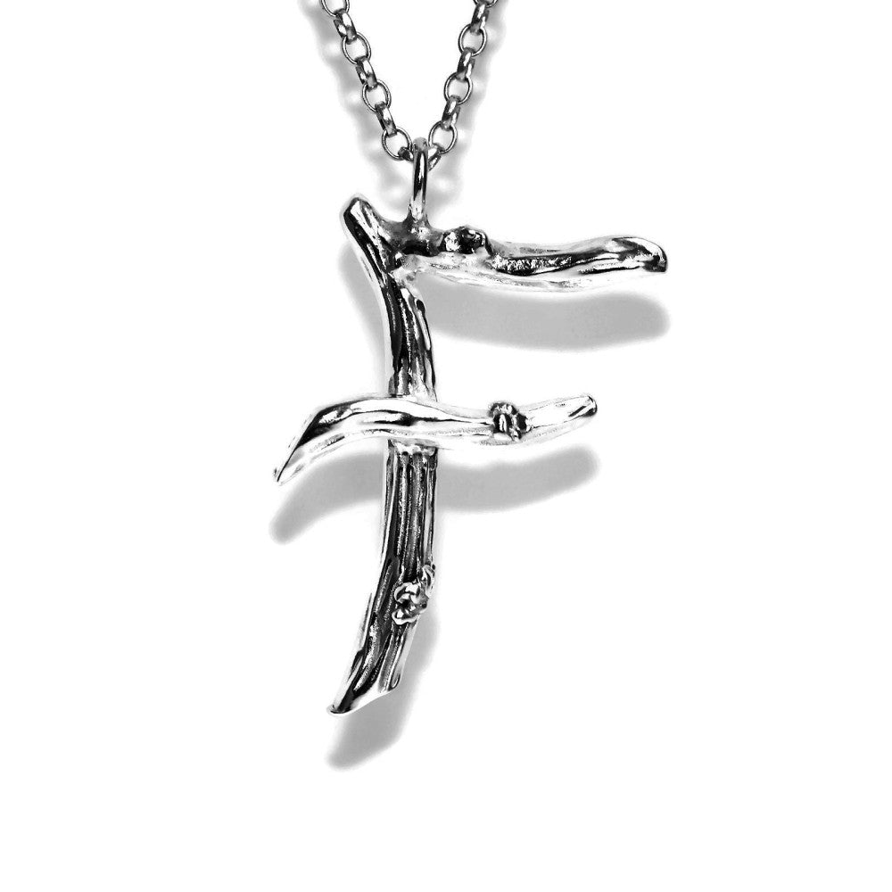  letter F twig initial long silver chain monogram necklace