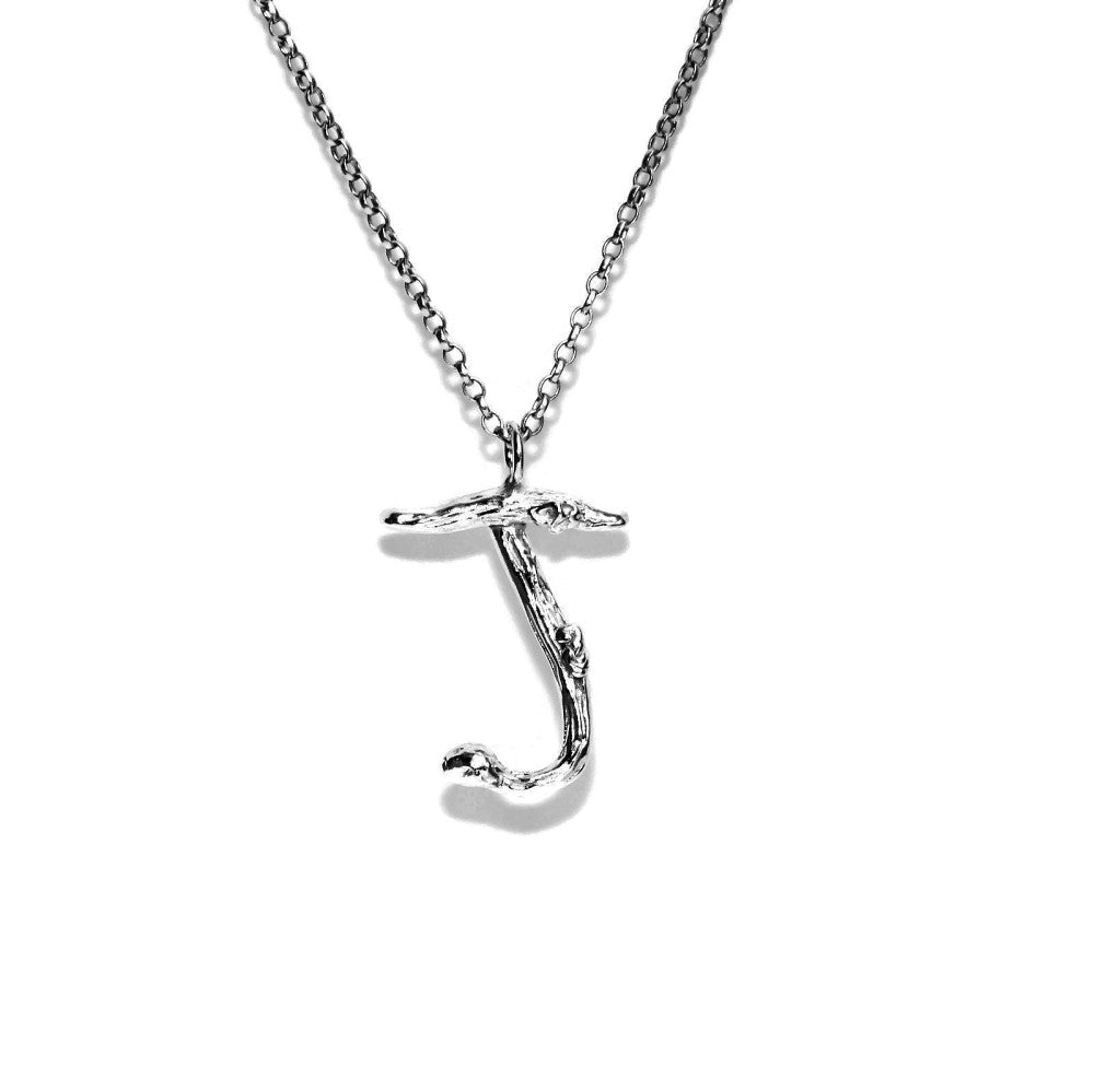  letter J twig initial long silver chain monogram necklace