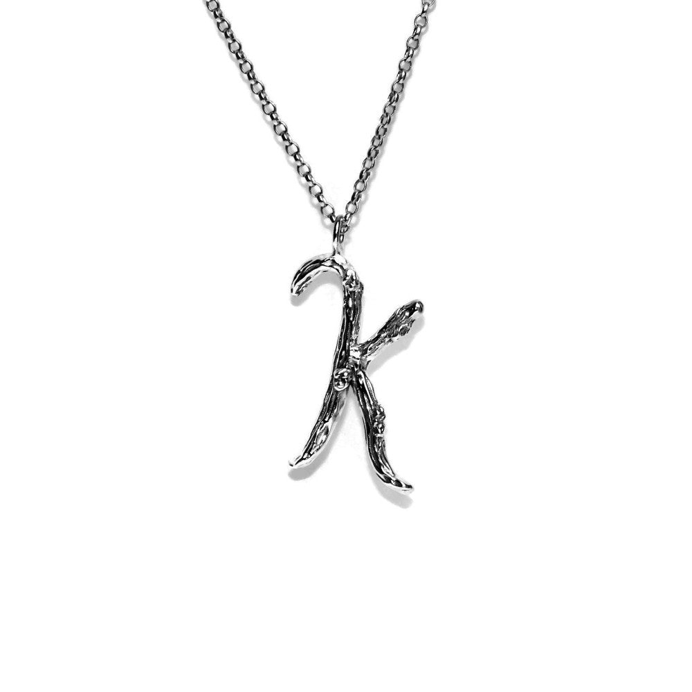  letter K twig initial long silver chain monogram necklace
