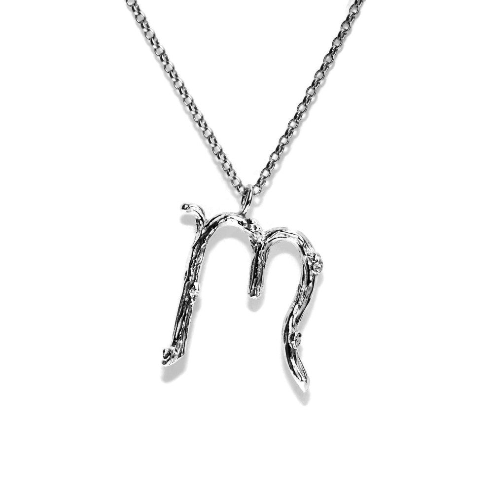  letter M twig initial long silver chain monogram necklace