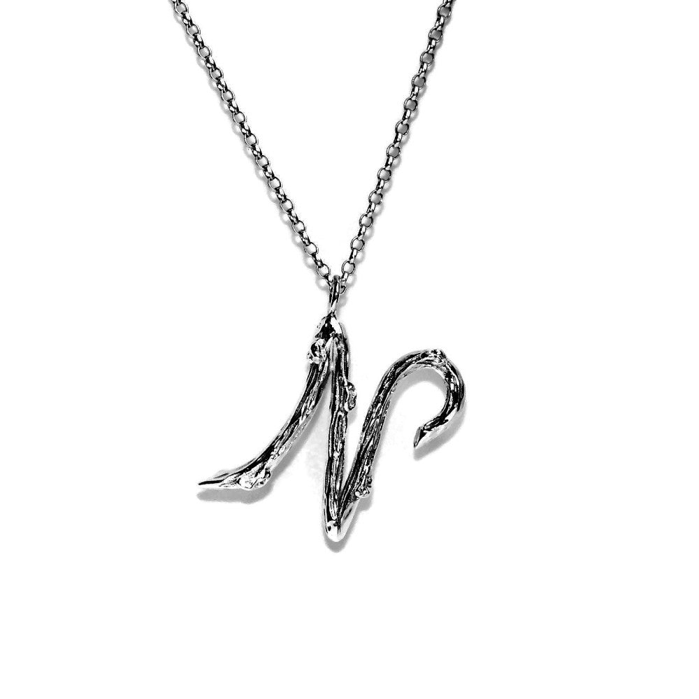  letter N twig initial long silver chain monogram necklace