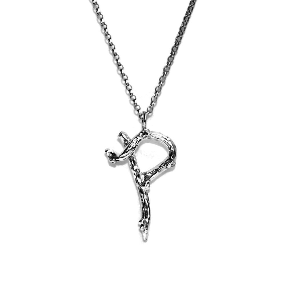  letter P twig initial long silver chain monogram necklace