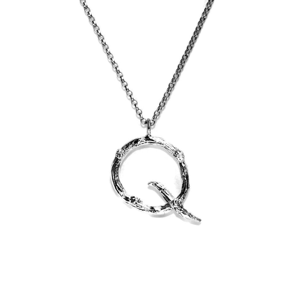  letter Q twig initial long silver chain monogram necklace