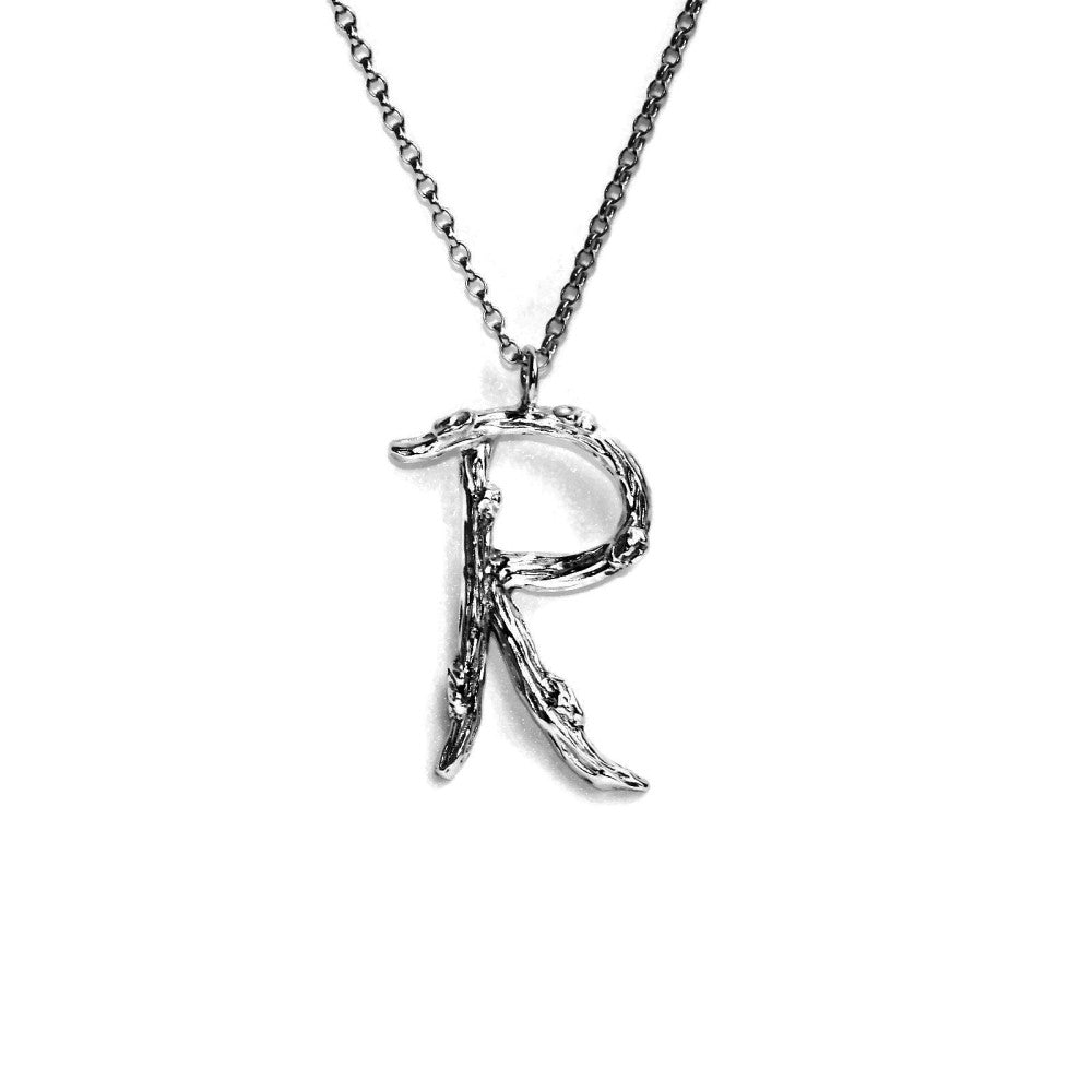  letter R twig initial long silver chain monogram necklace