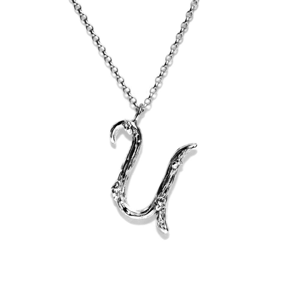  letter U twig initial long silver chain monogram necklace
