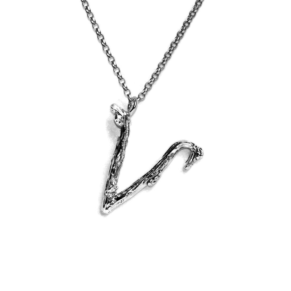  letter V twig initial long silver chain monogram necklace
