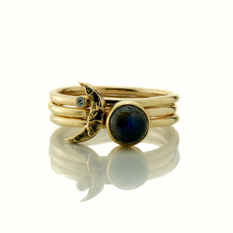 universe solid gold moon diamond and labradorite stacking rings