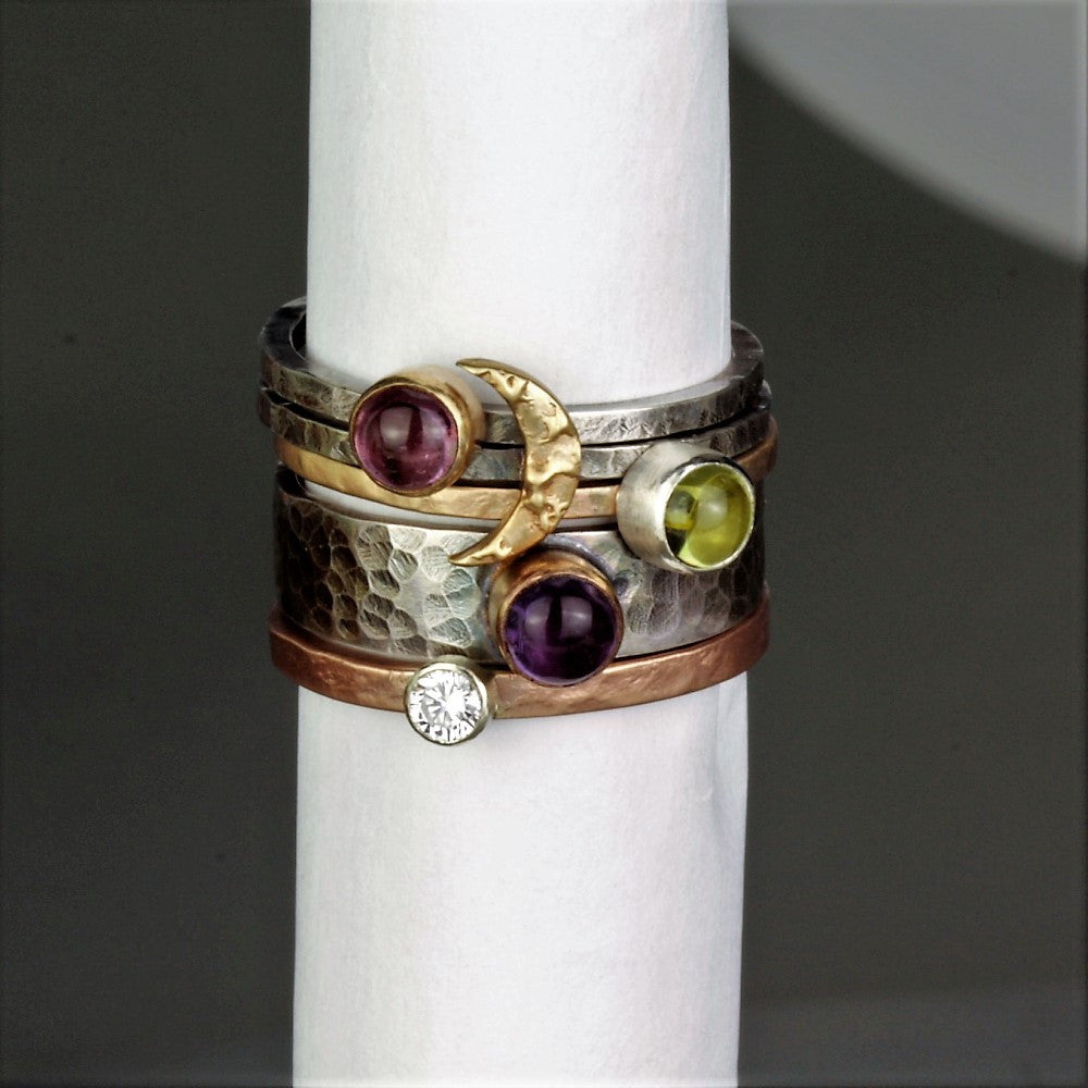 mixed metal gold and silver gemstone & moon stacking ring