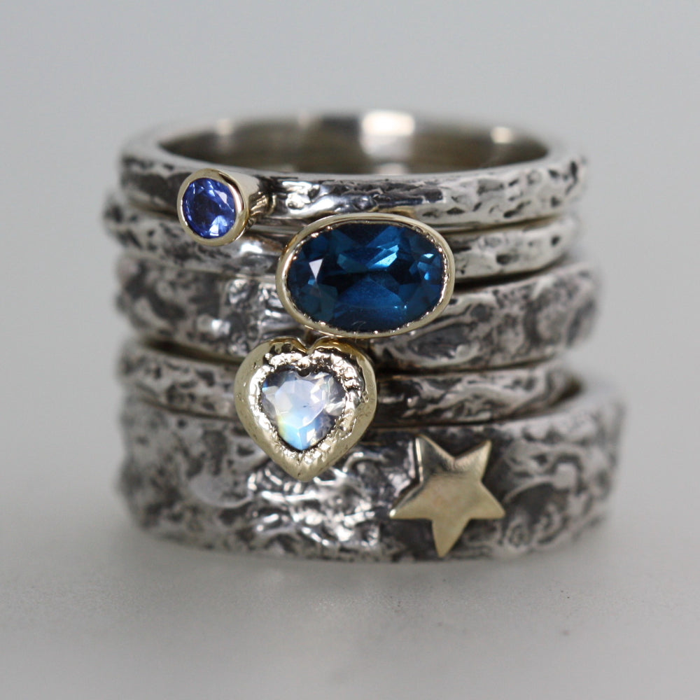 blue oval Topaz, Moonstone Heart, Gold Star, Sapphire Treasure Rings