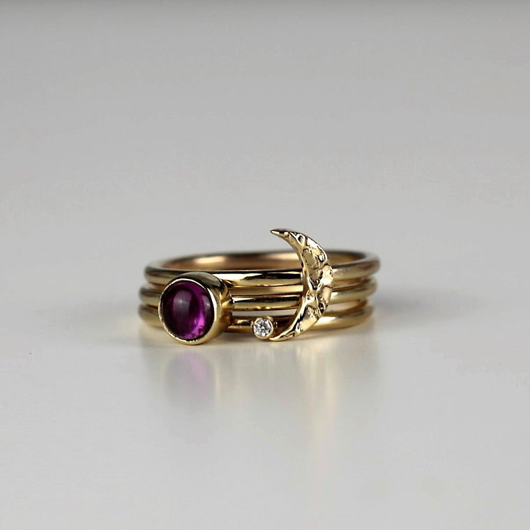 Solid gold textured Moon and Pink Wildflower Tourmaline Diamond Stacking rings