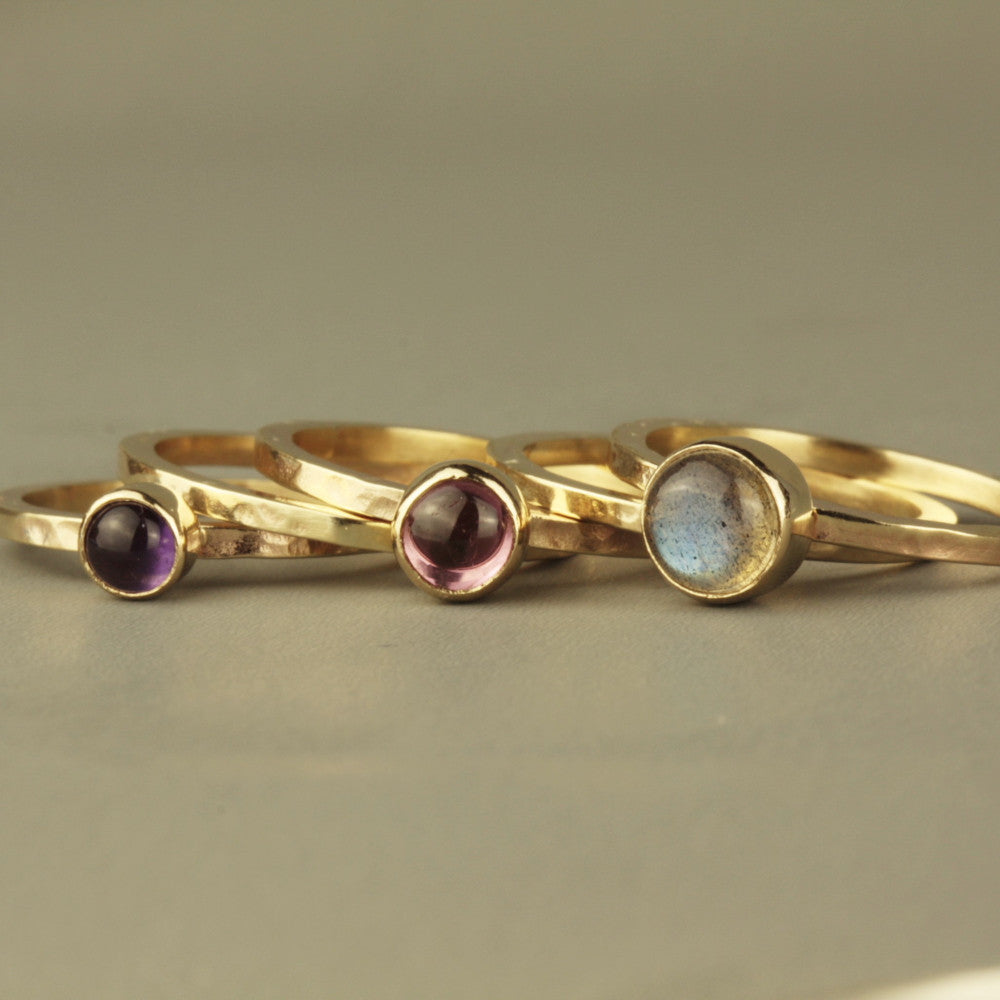 Solid 9ct gold labradorite, pink tourmaline & amethyst blossom stacking rings