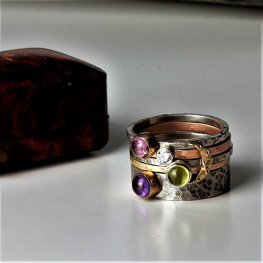 handmade unusual gemstone gold and silver stacking ring