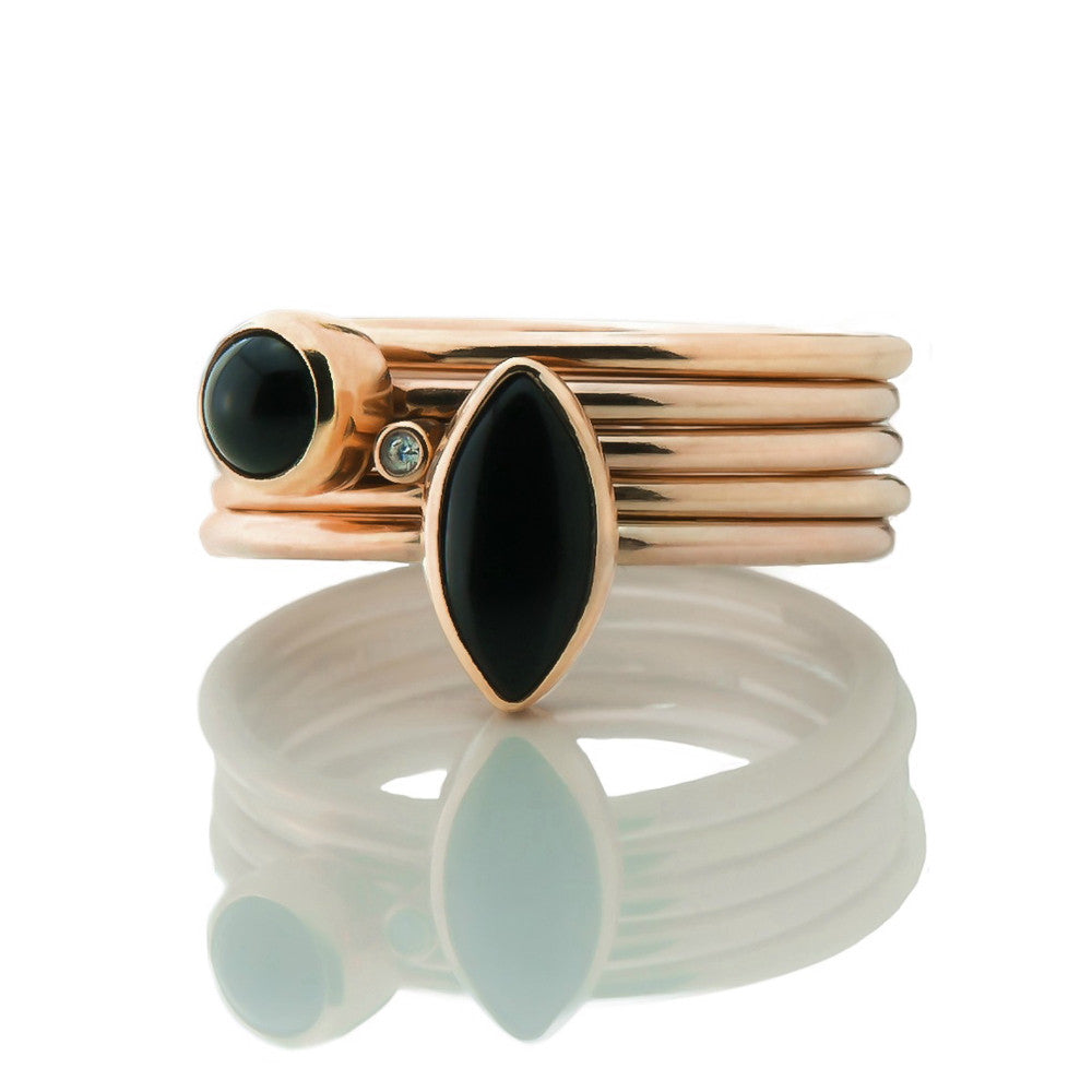 Solid rose gold onyx and diamond handmade designer stacking rings