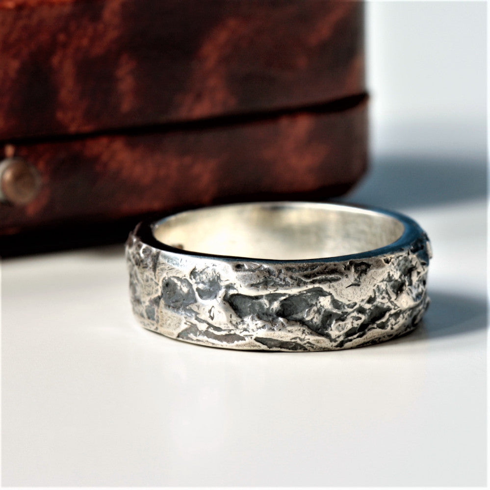 Textured silver wide ring oxidized for a rustic edgy look