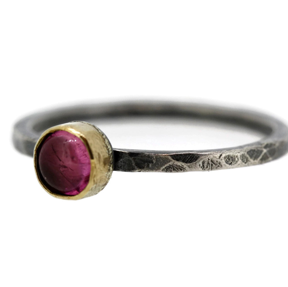Pink tourmaline hammered silver and gold blossom ring