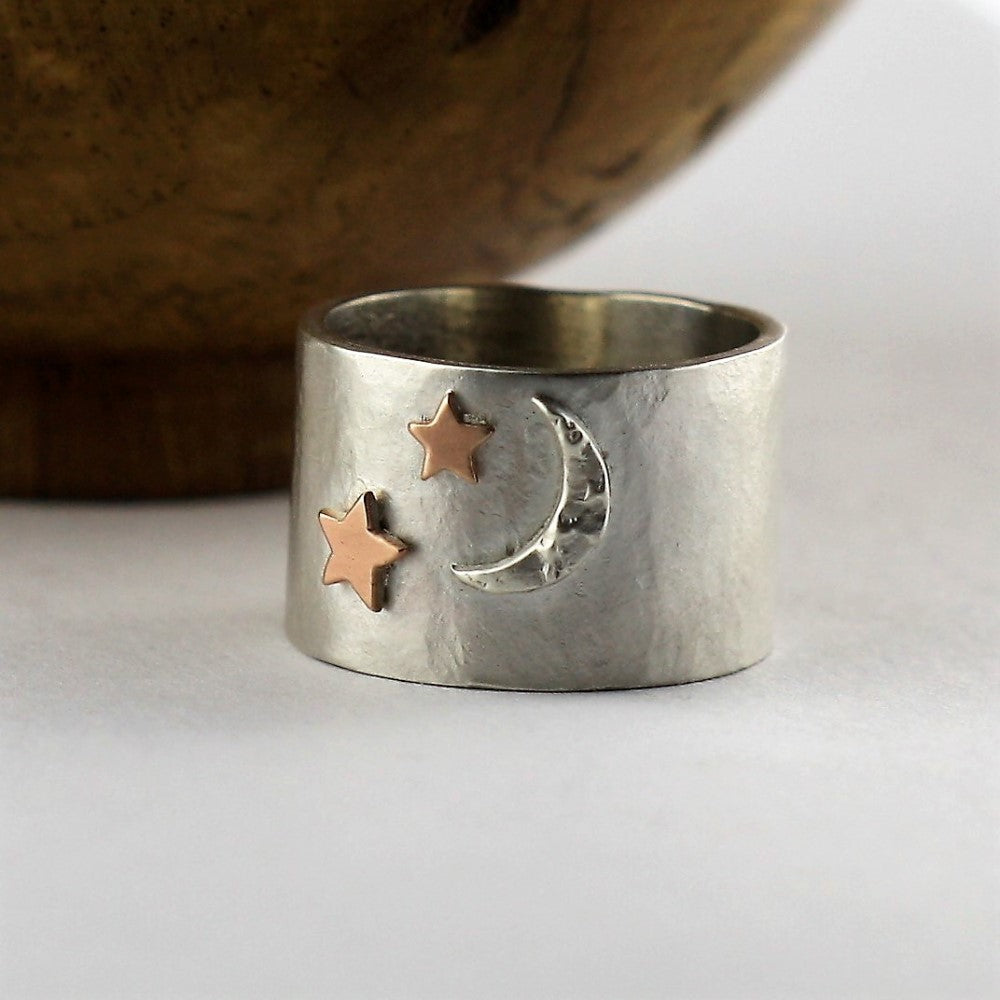 Wide rustic moon and gold star ring