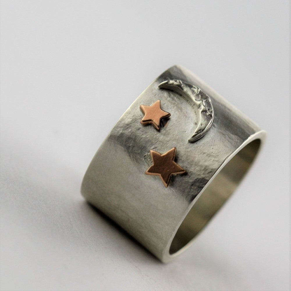 Artisan moon and gold star statement ring