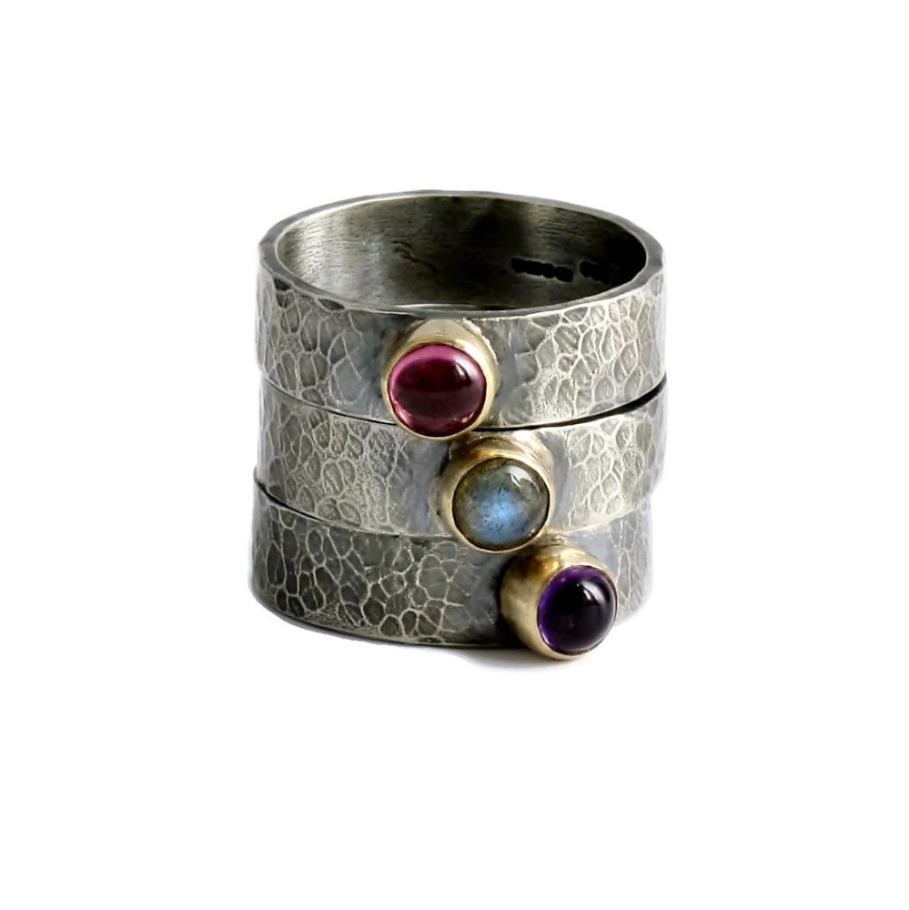 Wide silver and gold gemstone textured ring bands