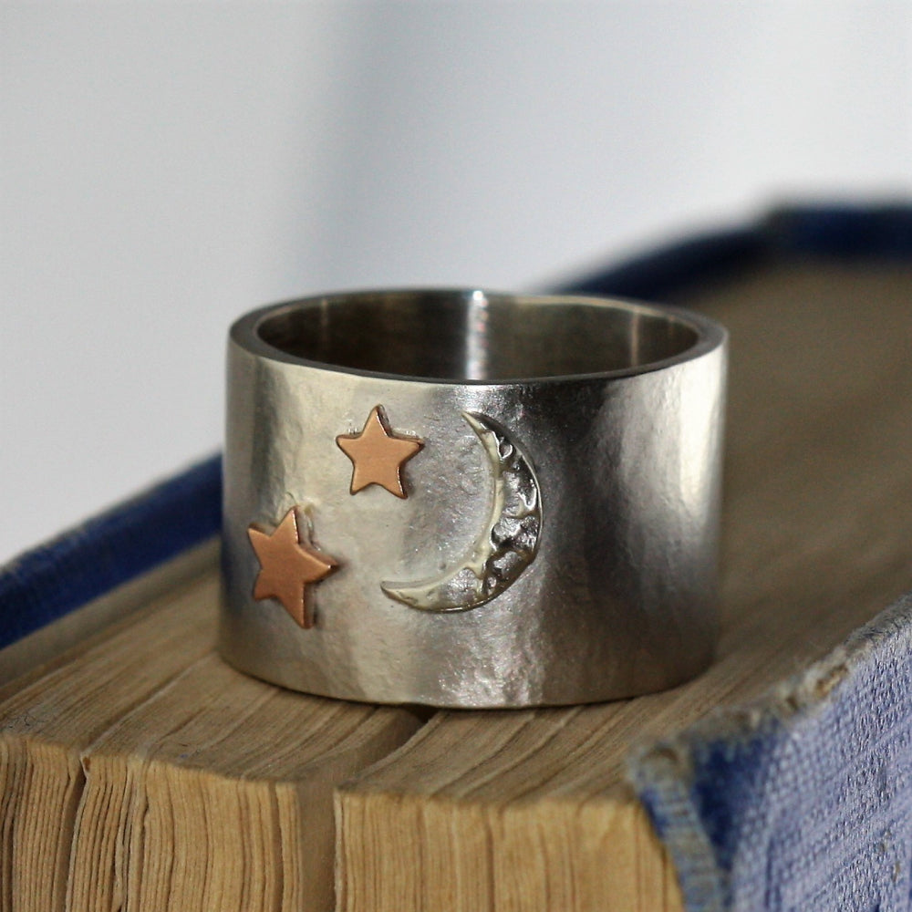 sterling silver moon and stars wide ring