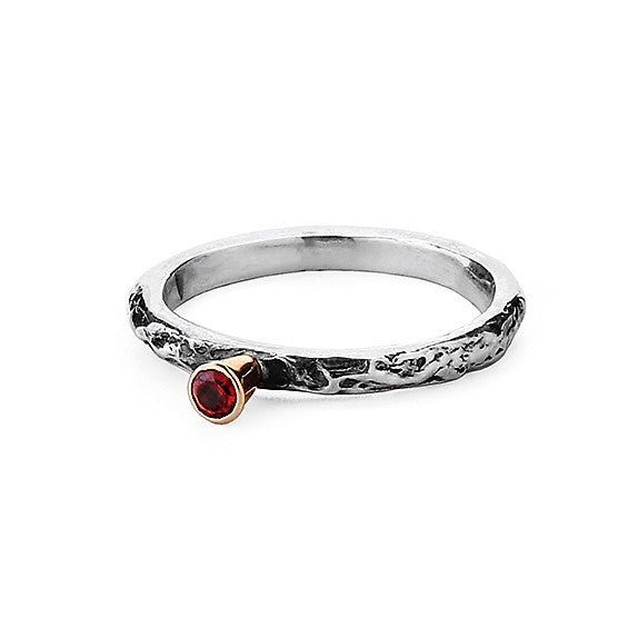 Single Garnet Gemstone Textured silver and gold ring band