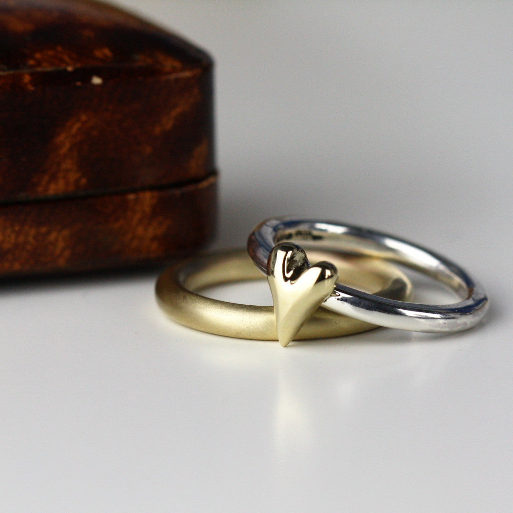 handmade gold heart ring and gold halo ring