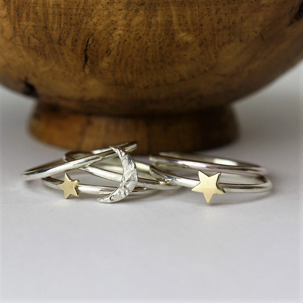 Moon and gold stackable silver rings